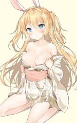 Rule 34 | 1girl, animal ears, bad id, bad pixiv id, bare legs, bare shoulders, beige background, blonde hair, blue eyes, blush, breasts, cleavage, collarbone, floral print, japanese clothes, kimono, kurut, long hair, looking at viewer, medium breasts, obi, off shoulder, original, parted lips, rabbit ears, sash, seiza, simple background, sitting, solo, sweat, two side up, very long hair, white kimono, yukata