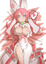 Rule 34 | 1girl, :q, ahoge, arc system works, blue eyes, blush, breasts, bridal veil, clover, come hither, covered navel, dress, elphelt valentine, four-leaf clover, gloves, guilty gear, guilty gear xrd, hat, heart, highres, infraton, large breasts, licking lips, looking at viewer, lying, naughty face, nipples, pink hair, ribbon, short hair, simple background, smile, solo, spikes, spoken heart, tongue, tongue out, unaligned breasts, veil, wedding dress, white dress