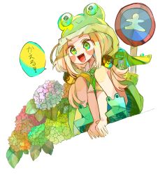 Rule 34 | 1girl, abekoma, bag, blonde hair, blush, flower, frog, full body, green eyes, hat, highres, long hair, moriya suwako, open mouth, raincoat, school bag, simple background, smile, solo, speech bubble, squatting, teeth, touhou, twintails, upper teeth only