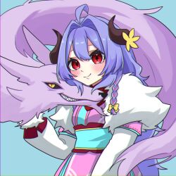 Rule 34 | 1girl, ahoge, black sclera, blush, bow, braid, colored sclera, flower, fur-trimmed kimono, fur trim, grey background, grin, hair bow, hair intakes, highres, horn flower, horns, japanese clothes, kimono, kindred (league of legends), lamb (league of legends), league of legends, long hair, long sleeves, no mask, pink kimono, red eyes, ri ~yoku, sharp teeth, slit pupils, smile, spirit blossom kindred, teeth, twin braids, upper body, wolf (league of legends), yellow bow, yellow eyes, yellow flower