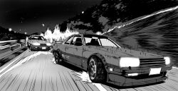 Rule 34 | aciverious tippoline, car, commentary, crescent moon, drifting, english commentary, greyscale, highres, mixed-language commentary, monochrome, moon, motion blur, motor vehicle, night, nissan, nissan sentra, nissan skyline, nissan skyline r30, no humans, original, racing, sky, spoiler (automobile), star (sky), vehicle focus