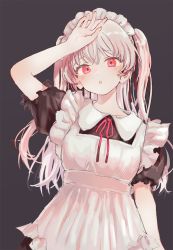 Rule 34 | 1girl, :o, apron, arm up, black dress, blush, collared dress, commentary request, dress, frilled apron, frills, grey background, hair between eyes, hair ribbon, highres, long hair, looking at viewer, maid, maid apron, maid headdress, neck ribbon, original, parted lips, puffy short sleeves, puffy sleeves, red eyes, red ribbon, ribbon, sha2mo, short sleeves, simple background, solo, two side up, very long hair, white apron, white hair
