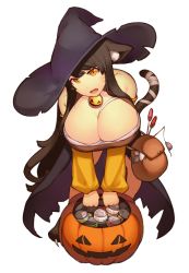Rule 34 | 1girl, animal ears, bad id, bad pixiv id, bare shoulders, breasts, brown eyes, brown hair, cat ears, cat tail, cleavage, fangs, halloween, huge breasts, long hair, md5 mismatch, mogu (kanikama mgmg), mouse (animal), original, pet food, simple background, solo, tail, white background, witch