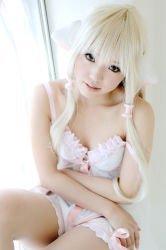 Rule 34 | 1girl, asian, babydoll, blonde hair, bloomers, bra, chii, chii (cosplay), chobits, cosplay, indoors, kipi-san, lingerie, looking at viewer, pantyhose, persocom, photo (medium), solo, underwear