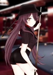 1girl, absurdres, adapted costume, alternate costume, arched back, ass, black headwear, black shorts, blurry, breasts, brown hair, brown shirt, contrapposto, cowboy shot, crop top, depth of field, from side, genshin impact, hair over one eye, hat, highres, holding, hu tao, long hair, looking at viewer, looking to the side, midriff, red eyes, shirt, short shorts, short sleeves, shorts, small breasts, solo, standing, star-shaped pupils, star (symbol), sumleek, symbol-shaped pupils, thighs, twintails