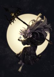 Rule 34 | 1girl, absurdres, barefoot, black capelet, black dress, blonde hair, capelet, closed mouth, crystal, dress, floating, full moon, highres, holding, holding staff, long dress, looking at viewer, moon, okame nin, original, smile, solo, staff