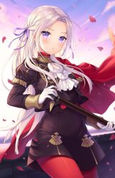 Rule 34 | 1girl, :&lt;, black dress, black jacket, brick wall, cape, closed mouth, commentary, dress, edelgard von hresvelg, fire emblem, fire emblem: three houses, forehead, gloves, hair ribbon, highres, holding, jacket, layered sleeves, long hair, long sleeves, looking at viewer, moorina, nintendo, open clothes, open jacket, outdoors, pantyhose, parted bangs, petals, puffy short sleeves, puffy sleeves, purple eyes, purple ribbon, red cape, red pantyhose, ribbon, short over long sleeves, short sleeves, silver hair, solo, sunset, very long hair, white gloves