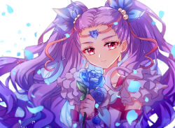 Rule 34 | 1girl, backlighting, blue flower, blue ribbon, blue rose, earrings, elbow gloves, flower, frilled shirt, frills, gloves, hair pulled back, hair ribbon, half gloves, holding, holding flower, jewelry, lazy orange, long hair, looking at viewer, magical girl, milky rose, mimino kurumi, petals, precure, purple eyes, purple gloves, purple hair, purple shirt, ribbon, rose, shirt, sleeveless, sleeveless shirt, smile, solo, tiara, twintails, white background, yes! precure 5, yes! precure 5 gogo!