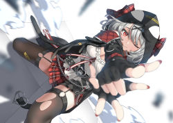 Rule 34 | 1girl, ;), ;q, belt, belt buckle, black coat, black gloves, black hair, bow, breasts, brown thighhighs, buckle, caution, cleavage, closed mouth, clothes writing, coat, commentary, dutch angle, finger gun, fingerless gloves, fingernails, frills, gloves, grey hair, hair ornament, hairclip, heart, heart-shaped buckle, highres, hololive, hood, hood up, long hair, long sleeves, looking at viewer, medium breasts, multicolored hair, nail polish, o-ring, o-ring thigh strap, one eye closed, padded coat, plaid, plaid bow, plaid skirt, pleated skirt, red bow, red eyes, red nails, red skirt, sakamata chloe, skirt, slumcat, smile, solo, streaked hair, thigh strap, thighhighs, tongue, tongue out, torn clothes, torn thighhighs, virtual youtuber, x hair ornament
