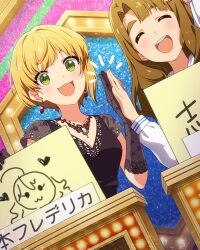 Rule 34 | 2girls, blonde hair, breasts, brown hair, card (medium), cleavage, closed eyes, earrings, gloves, green eyes, heart, high five, idolmaster, idolmaster cinderella girls, idolmaster million live!, idolmaster million live! theater days, jewelry, miyamoto frederica, miyao miya, multiple girls, official art, open mouth, thick eyebrows