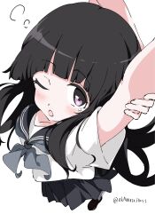 Rule 34 | 1girl, absurdres, arm grab, arms up, black hair, blush, chitanda eru, commentary request, highres, holding own arm, hyouka, long hair, looking at viewer, neckerchief, one eye closed, open mouth, pleated skirt, sailor collar, school uniform, serafuku, shirt, shoes, skirt, watermark, white gorilla (okamoto), white shirt