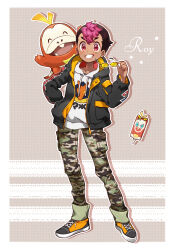 Rule 34 | 1boy, black jacket, blush, border, camouflage, camouflage pants, character name, commentary request, creatures (company), unworn eyewear, fuecoco, game freak, gen 4 pokemon, grin, hand on own hip, hand up, holding, holding removed eyewear, hood, hood down, hoodie, jacket, male focus, multicolored hair, nintendo, on shoulder, open clothes, open jacket, outline, pants, pokemon, pokemon (anime), pokemon (creature), pokemon horizons, pokemon on shoulder, rotom, rotom phone, roy (pokemon), sasairebun, shoes, short hair, smile, sneakers, standing, star (symbol), sunglasses, tassel, teeth, two-tone hair, white border, white hoodie