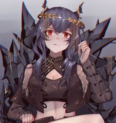 Rule 34 | alternate hairstyle, arknights, blue hair, breasts, ch&#039;en (arknights), cleavage, cleavage cutout, clothing cutout, dragon girl, dragon horns, gradient background, highres, horns, long hair, looking at viewer, official alternate costume, red eyes, see-through, sitting, solo, stomach, vsa (xmj173178)