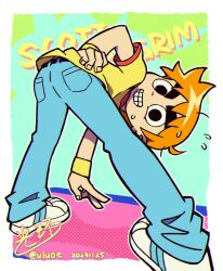 Rule 34 | 1boy, artist name, ass, ass focus, belt, bishounen, black belt, black eyes, dated, denim, english text, hand on own hip, jeans, male focus, orange hair, pants, scott pilgrim, scott pilgrim (series), scott pilgrim takes off, shirt, short hair, simple background, smile, solo, teeth, thick eyebrows, uluoe, white footwear