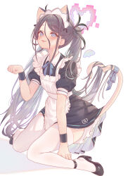 Rule 34 | 1girl, absurdly long hair, absurdres, alternate costume, animal ears, apron, aris (blue archive), aris (maid) (blue archive), ass, black dress, black footwear, black hair, blue archive, blue eyes, blush, cat ears, cat tail, dress, enmaided, frilled apron, frills, full body, halo, highres, long hair, maid, maid headdress, official alternate costume, pink halo, shoes, short sleeves, simple background, solo, tail, thighhighs, tongue, tongue out, torano, very long hair, waist apron, white apron, white background, white thighhighs