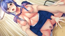 Rule 34 | 1girl, anim mother &amp; wife, bed, blue hair, blush, bra, bra lift, grabbing another&#039;s breast, breasts, censored, clothed sex, game cg, girl on top, glasses, grabbing, hair up, hozumi kaoru, huge breasts, itsu made mo musuko no mama ja irarenai! 2, legs, long hair, lying, mosaic censoring, nipples, no panties, open clothes, open mouth, penis, pubic hair, pussy, saliva, sex, sitting, sitting on person, skirt, solo focus, sweat, thighs, unbuttoned, underwear, unzipped, vaginal, yellow eyes