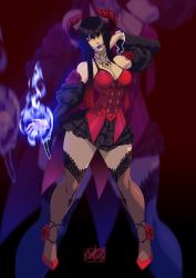 Rule 34 | 1girl, black hair, blue fire, breast tattoo, breasts, cleavage, coattails, commission, corset, demon horns, detached sleeves, eliza (tekken), energy, fangs, fire, flower, full body, glowing, glowing eyes, high heels, highres, hime cut, horns, lace, lace-trimmed legwear, lace trim, large breasts, lipstick, makeup, miniskirt, narrow waist, pigeon-toed, puffy sleeves, purple lips, red footwear, red horns, rose, see-through, see-through legwear, skirt, slit pupils, solo, tattoo, tekken, tekken 7, thick thighs, thighhighs, thighs, tovio rogers, vampire, yellow eyes