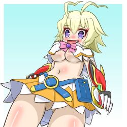 Rule 34 | 1girl, ahoge, amanohara minori, arcana heart, blonde hair, breast curtains, breasts, convenient censoring, highres, large breasts, legs, midriff, navel, no panties, open mouth, purple eyes, short hair, skirt, smile, solo, thighs, underboob