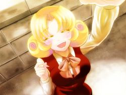 Rule 34 | 1girl, bad id, bad pixiv id, blonde hair, blush, curly hair, dress, elly (touhou), closed eyes, female focus, happy, unworn headwear, long sleeves, maro4, open mouth, red dress, ribbon, short hair, smile, solo, touhou, touhou (pc-98)