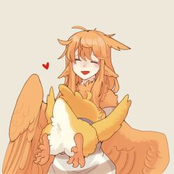 Rule 34 | 2girls, bird legs, closed eyes, commentary request, commission, dress, feathered wings, harpy, heart, monster girl, mother and daughter, multiple girls, neck fur, open mouth, orange feathers, orange hair, orange wings, original, simple background, skeb commission, striped, striped dress, urotori, winged arms, wings