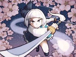 Rule 34 | 1girl, commentary request, dual wielding, highres, holding, konpaku youmu, nappooz, solo, sword, touhou, weapon, white hair