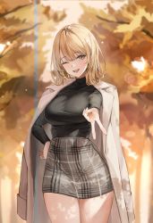 Rule 34 | 1girl, :d, absurdres, autumn, black shirt, blonde hair, blurry, blurry background, breasts, coat, coat on shoulders, cowboy shot, day, foreshortening, grey coat, grey skirt, gyaru v, hand on own hip, highres, large breasts, lillly, long hair, long sleeves, looking at viewer, miniskirt, one eye closed, open clothes, open coat, open mouth, original, outdoors, outstretched hand, parted lips, plaid, plaid skirt, shirt, shirt tucked in, sidelocks, skirt, smile, solo, teeth, thighs, turtleneck, v, yellow eyes