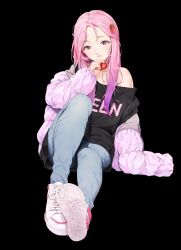 Rule 34 | 1girl, agnamore, arm at side, bad id, bad pixiv id, bare shoulders, black background, black shirt, blue pants, clothes writing, coat, cross-laced footwear, denim, down jacket, erendira, flat chest, food, food-themed hair ornament, fruit, full body, gradient hair, hair ornament, head tilt, holding, holding food, holding fruit, indie virtual youtuber, jacket, jeans, knee up, long hair, looking at viewer, messy hair, multicolored hair, off shoulder, outstretched leg, pants, parted lips, pink coat, pink hair, purple eyes, purple hair, shirt, shoe soles, shoes, simple background, sitting, sleeves past fingers, sleeves past wrists, sneakers, solo, strawberry, strawberry hair ornament, virtual youtuber, white footwear, winter clothes, winter coat