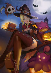 Rule 34 | 1girl, alternate costume, arm support, backlighting, bad id, bad pixiv id, banette, bat (animal), blonde hair, blue eyes, book, breasts, broom, broom riding, brown footwear, brown thighhighs, capelet, cleavage, creatures (company), crossed legs, duskull, earrings, elbow gloves, facing viewer, full moon, game freak, gen 1 pokemon, gen 3 pokemon, gen 6 pokemon, gloves, glowing, golbat, halloween, halloween costume, hat, holding, holding book, jack-o&#039;-lantern, jack-o&#039;-lantern earrings, jewelry, legs, light smile, lips, long legs, looking to the side, mechanical wings, medium breasts, mercy (overwatch), moon, night, night sky, nintendo, no wings, nose, official alternate costume, open book, outdoors, overwatch, overwatch 1, pokemon, pokemon (creature), pumpkaboo, scythe, seiya-hp, shoes, short sleeves, sidesaddle, sitting, sky, spikes, star (sky), starry-hp, starry sky, thighhighs, thighs, wings, witch, witch hat, witch mercy