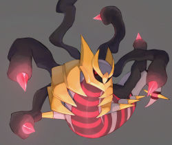 Rule 34 | black sclera, colored sclera, commentary request, creatures (company), game freak, gen 4 pokemon, giratina, giratina (origin), glowing, grey background, highres, horezai, legendary pokemon, looking at viewer, nintendo, no humans, pokemon, pokemon (creature), red eyes, simple background, spikes