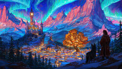 Rule 34 | 1boy, aurora, beard, belt, castle, city lights, cliff, clock, clock tower, coat, colorful, commentary, critical role, dawn, dungeons & dragons, dungeons &amp; dragons, english commentary, facial hair, forest, fur-trimmed coat, fur trim, hat, highres, husky, idrawbagman, landscape, mountain, nature, pine tree, santa claus, santa hat, shadow, sky, snow, snowing, solo, star (sky), starry sky, tower, town, tree