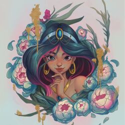 Rule 34 | 1girl, aladdin (disney), artist request, bare shoulders, big hair, black hair, blue gemstone, blue hairband, blue shirt, breasts, closed mouth, earrings, eyelashes, fingernails, flower, flower request, gem, gem hair ornament, gold earrings, gold necklace, hairband, hoop earrings, jasmine (disney), jewelry, leaf, long hair, looking at viewer, medium breasts, necklace, non-web source, pendant, petals, pink eyes, princess, red lips, shirt, short sleeves, smile, solo, source request, tan, third-party source, upper body, white flower