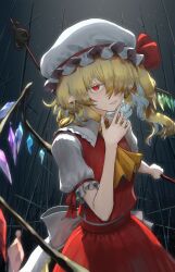Rule 34 | 1girl, ascot, blonde hair, blush, crystal, fang, fingernails, flandre scarlet, frilled sleeves, frills, hair over one eye, harapan-kun, hat, highres, laevatein (touhou), long hair, mob cap, pointy ears, red eyes, red skirt, red vest, short sleeves, side ponytail, skirt, slit pupils, solo, touhou, vest, white hat, wings, yellow ascot