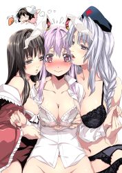 Rule 34 | 4girls, absurdres, animal ears, black bra, black eyes, black hair, black panties, blush, bra, braid, breasts, buttons, carrot, chibi, chibi inset, cleavage, closed mouth, collarbone, collared shirt, dress, flying sweatdrops, garter belt, garter straps, girl sandwich, grabbing, grabbing another&#039;s breast, has bad revision, hat, highres, holding hands, houraisan kaguya, ichikawa ryuunosuke, inaba tewi, lace, lace-trimmed bra, lace trim, large breasts, long hair, md5 mismatch, multiple girls, navel, no panties, nurse cap, open mouth, out-of-frame censoring, panties, pink dress, purple eyes, purple hair, rabbit ears, red eyes, reisen udongein inaba, resolution mismatch, sandwiched, shirt, simple background, single braid, source smaller, teeth, touhou, underwear, undressing, upper body, very long hair, white background, white bra, white hair, white shirt, wing collar, yagokoro eirin, yuri