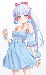 Rule 34 | 1girl, alternate costume, ayaka (genshin impact), bare shoulders, blue dress, blue eyes, blue hair, blunt bangs, bow, breasts, choker, commentary request, cowboy shot, dress, genshin impact, hair bow, highres, long hair, looking at viewer, medium breasts, off-shoulder dress, off shoulder, pink bow, short sleeves, simple background, smile, solo, standing, tyenka7728, very long hair, white background, wrist cuffs