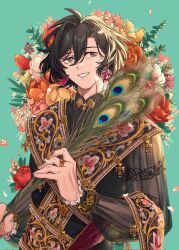 Rule 34 | 1boy, black hair, constantine xi (fate), cross, earrings, embroidery, fate/grand order, fate (series), feathers, flower, flower request, formal, gem, green background, hair between eyes, highres, holding, holding feather, jewelry, long hair, long sleeves, looking at viewer, male focus, orange flower, peacock feathers, pink flower, red flower, red gemstone, ring, shooou 0104, short hair, solo, white flower, yellow footwear