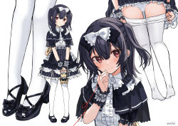 Rule 34 | 1girl, alternate costume, black capelet, blush, bow, capelet, clothes pull, eluthel, finger ribbon, frilled cuffs, gothic lolita, hair bow, high heels, highres, idolmaster, idolmaster shiny colors, lolita fashion, looking at viewer, mary janes, morino rinze, multiple views, panties, pantyhose, pantyhose pull, pinky out, shoes, simple background, smile, strappy heels, string, string of fate, underwear, white background, white panties, white pantyhose
