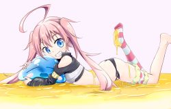 Rule 34 | 1girl, 1other, ahoge, ass, asymmetrical legwear, blue eyes, butt crack, from side, highres, hug, looking at viewer, lying, milim nava, on stomach, pink hair, rimuru tempest, slime (creature), smile, solo focus, striped clothes, striped thighhighs, tensei shitara slime datta ken, thighhighs, twintails