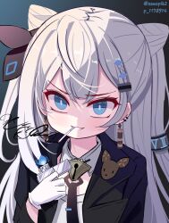 Rule 34 | 1girl, black jacket, blue eyes, cigarette, clenched teeth, cone hair bun, double bun, earrings, gloves, hair bun, highres, holding, holding lighter, hololive, hololive indonesia, jacket, jewelry, lighter, long hair, looking at viewer, pixiv id, smile, smoking, solo, sseopik, teeth, twitter username, upper body, vestia zeta, virtual youtuber, white gloves, white hair
