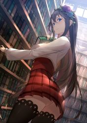 Rule 34 | 1girl, ass, black thighhighs, blue eyes, blush, book, breasts, brown hair, dutch angle, flower, frills, from side, granblue fantasy, hair between eyes, hair flower, hair ornament, hairband, high-waist skirt, highres, holding, holding book, kakage, large breasts, library, light particles, loafers, long hair, long sleeves, looking at viewer, looking back, plaid, plaid skirt, pleated skirt, ribbon, rosetta (granblue fantasy), shoes, sidelocks, skirt, solo, thighhighs, very long hair, zettai ryouiki