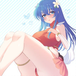 Rule 34 | 1girl, :d, awayuki ramika, bare shoulders, bikini, blue background, blue eyes, blue hair, blush, breasts, caeda (fire emblem), caeda (summer) (fire emblem), fire emblem, fire emblem: mystery of the emblem, flower, hand on own face, heart, large breasts, long hair, nintendo, open mouth, red bikini, sideboob, skirt, sleeveless, smile, solo, striped, striped background, swimsuit, thigh strap, thighs, turtleneck, white background, wing collar