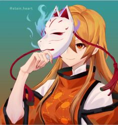 Rule 34 | 1girl, arong, blonde hair, blue background, collar, collared shirt, commentary request, constellation, constellation print, detached sleeves, fox mask, long hair, long sleeves, looking at viewer, mask, mask on head, matara okina, no headwear, orange eyes, orange sleeves, shirt, smile, solo, sun symbol, tabard, touhou, twitter username, upper body, wide sleeves