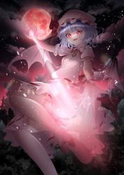 Rule 34 | 1girl, :d, absurdres, bat wings, cloud, fang, full moon, hat, hat ribbon, highres, light particles, looking at viewer, mob cap, moon, open mouth, outdoors, purple hair, red eyes, red moon, remilia scarlet, ribbon, short hair, short sleeves, smile, solo, spear the gungnir, sumishiro 8070, touhou, wings