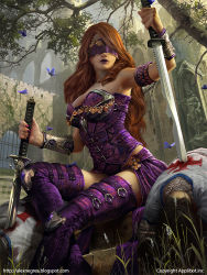 Rule 34 | 1girl, alex negrea, bandages, bare shoulders, blood, bodysuit, boots, breasts, bug, butterfly, cleavage, corpse, curly hair, faceless, faceless male, grass, insect, leaf, legend of the cryptids, lipstick, long hair, makeup, official art, orange hair, sitting, sky, solo, statue, sword, tree, watermark, weapon, web address