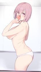 Rule 34 | 1girl, ass, blush, breasts, butt crack, cellphone, commentary request, cowboy shot, duplicate, enosan, fate/grand order, fate (series), from side, hair over one eye, highres, indoors, large breasts, looking at viewer, mash kyrielight, panties, phone, pink eyes, pink hair, reflection, selfie, short hair, skindentation, smartphone, solo, sweatdrop, topless, underwear, underwear only, white panties