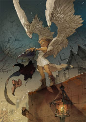 Rule 34 | 1girl, angel wings, angry, artist name, bat (animal), brown footwear, brown hair, clenched teeth, commentary, demizu posuka, diffraction spikes, dress, fantasy, feathered wings, full body, holding, house, lantern, large wings, looking at another, night, original, outdoors, short hair, sleeveless, sleeveless dress, solo, standing, teeth, tree, white dress, white wings, wings