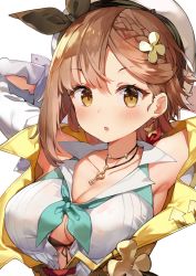 Rule 34 | 1girl, :o, armpits, arms behind head, arms up, atelier (series), atelier ryza, atelier ryza 1, beret, black bra, blush, bra, braid, breasts, brown hair, cleavage, collarbone, earrings, hat, highres, jacket, jehyun, jewelry, key, large breasts, long sleeves, looking at viewer, necklace, open clothes, open jacket, open mouth, open shirt, reisalin stout, see-through, shirt, short hair, solo, unbuttoned, unbuttoned shirt, underwear, upper body, white hat, white shirt, yellow eyes, yellow jacket