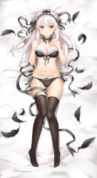 Rule 34 | 1girl, absurdres, bare arms, bare shoulders, bed sheet, black bra, black flower, black panties, black ribbon, black rose, black thighhighs, blush, bow, bow panties, bra, breasts, cleavage, collarbone, dakimakura (medium), detached collar, feathers, flower, from above, full body, gluteal fold, hairband, hands on own chest, highres, jokanhiyou, lolita hairband, looking at viewer, lying, medium breasts, navel, on back, on bed, open mouth, original, panties, red eyes, ribbon, ribbon-trimmed bra, rose, side-tie panties, silver hair, solo, stomach, strapless, strapless bra, thigh gap, thighhighs, underwear, underwear only