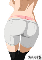 Rule 34 | 1girl, absurdres, artist name, ass, back, black thighhighs, boruto: naruto next generations, dimples of venus, female focus, from behind, highres, naruto, naruto (series), panties, pink panties, shorts, simple background, skindentation, solo, stiky finkaz, thigh gap, thighhighs, thong, topless, uchiha sarada, underwear, whale tail (clothing), white background, white shorts