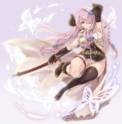 Rule 34 | 10s, 1girl, arm up, armpits, bare shoulders, black gloves, blue eyes, blush, braid, breasts, demon horns, draph, elbow gloves, female focus, fingerless gloves, gloves, granblue fantasy, hair ornament, hair over one eye, horns, katana, large breasts, light purple hair, long hair, looking at viewer, narmaya (granblue fantasy), no panties, pointy ears, pussy, single thighhigh, smile, solo, sword, thighhighs, thomasz, uncensored, underwear, weapon