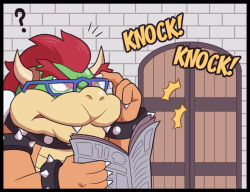 Rule 34 | 1boy, ?, ayyk92, black border, blue-framed eyewear, border, bowser, bracelet, closed mouth, collar, door, fangs, glasses, holding, holding newspaper, horns, indoors, jewelry, mario (series), newspaper, nintendo, notice lines, red hair, short hair, solo, spiked bracelet, spiked collar, spikes, super mario bros. 1, upper body